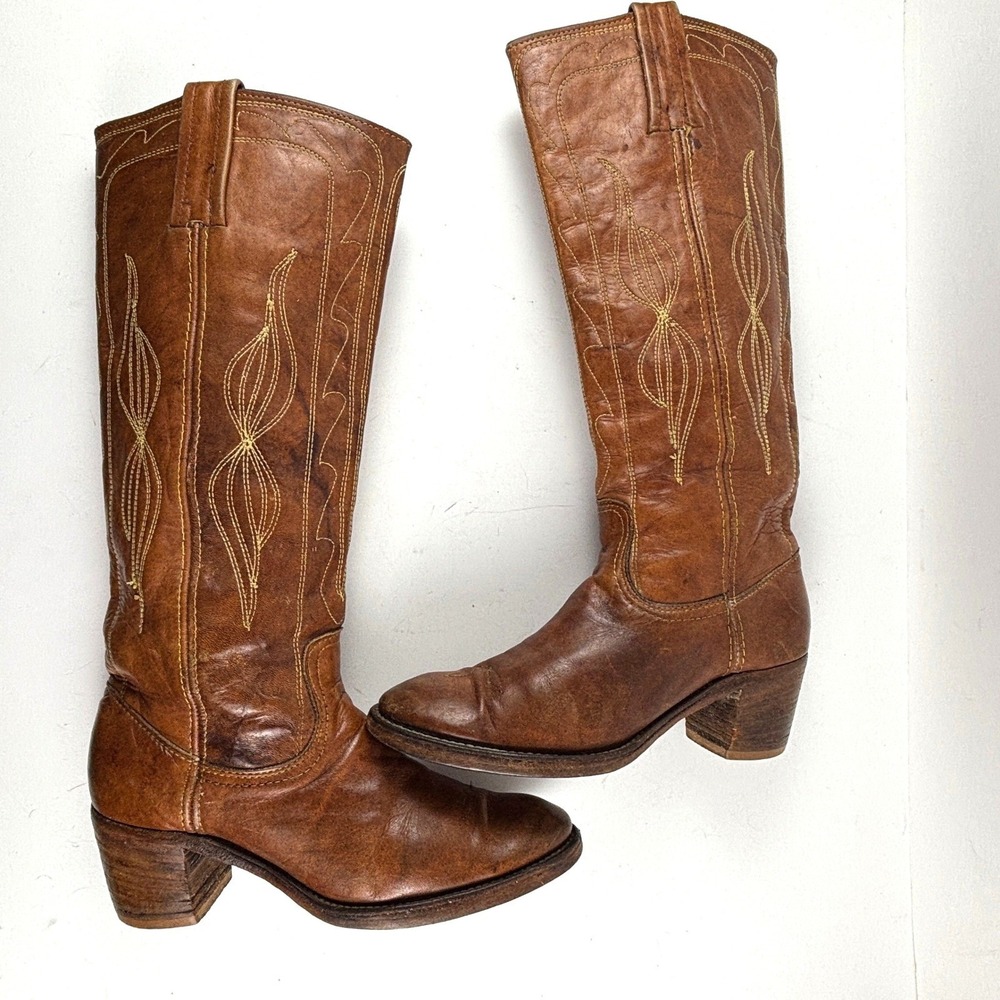vtg FRYE Black Label Brown Leather Campus Boots Western Tall Block Heel Womens 8 - Picture 7 of 9